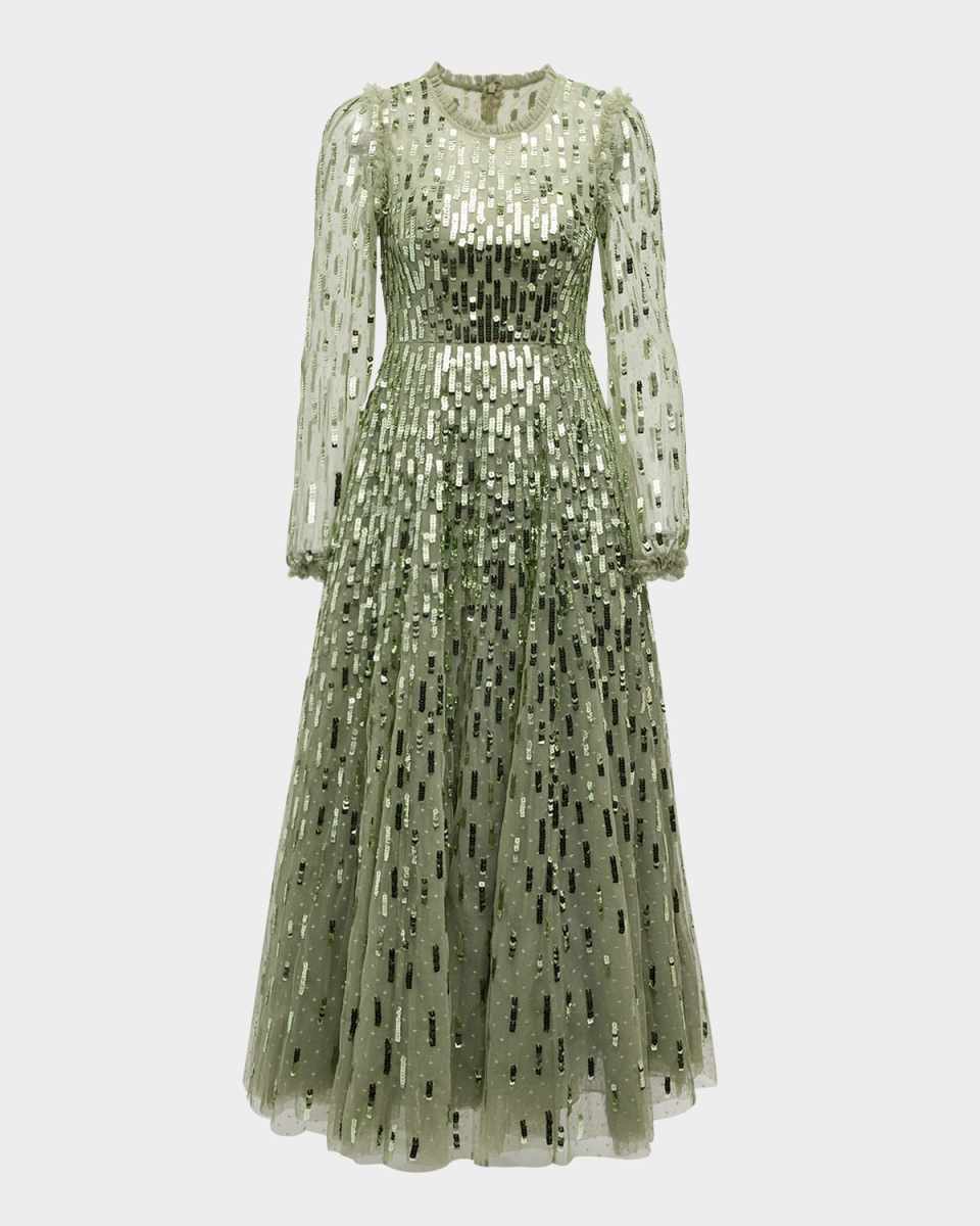 Long-Sleeve Sequined Dash Ankle Gown