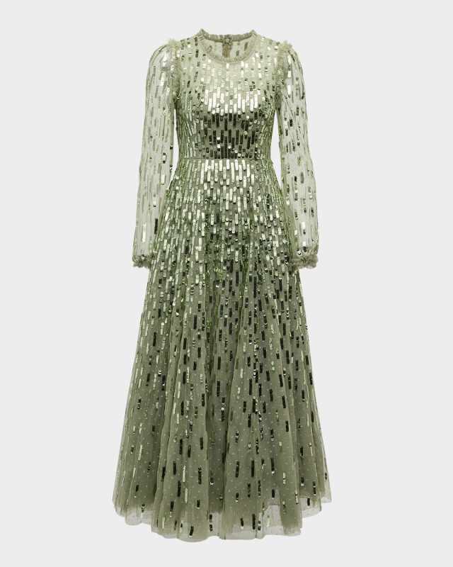Long-Sleeve Sequined Dash Ankle Gown