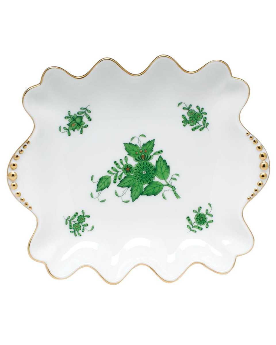 Chinese Bouquet Green Small Dish with Pearly Handles