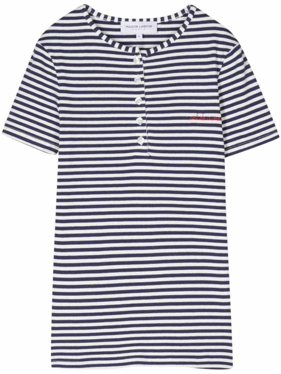 slogan-embroidered striped T-shirt
