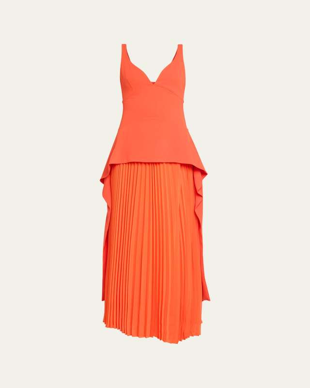 Sequoia Pleated Combo Sleeveless V-Neck Midi Dress