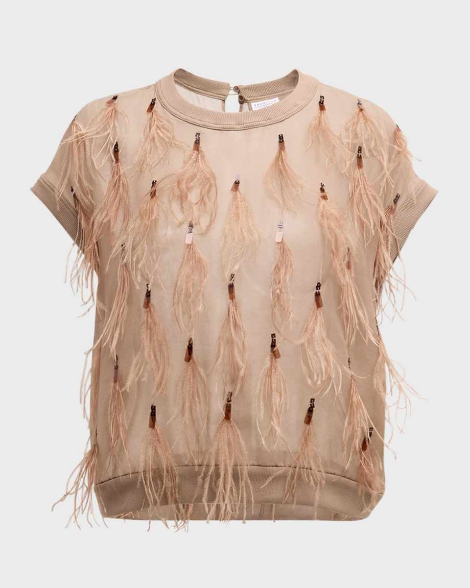 Light Weight Wool Blouse with Feather and Sequin Details