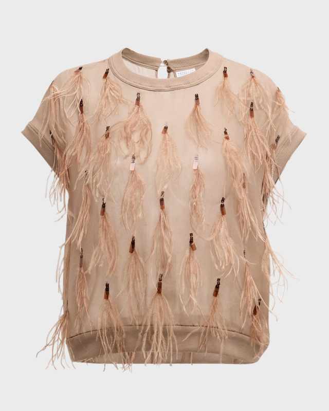 Light Weight Wool Blouse with Feather and Sequin Details