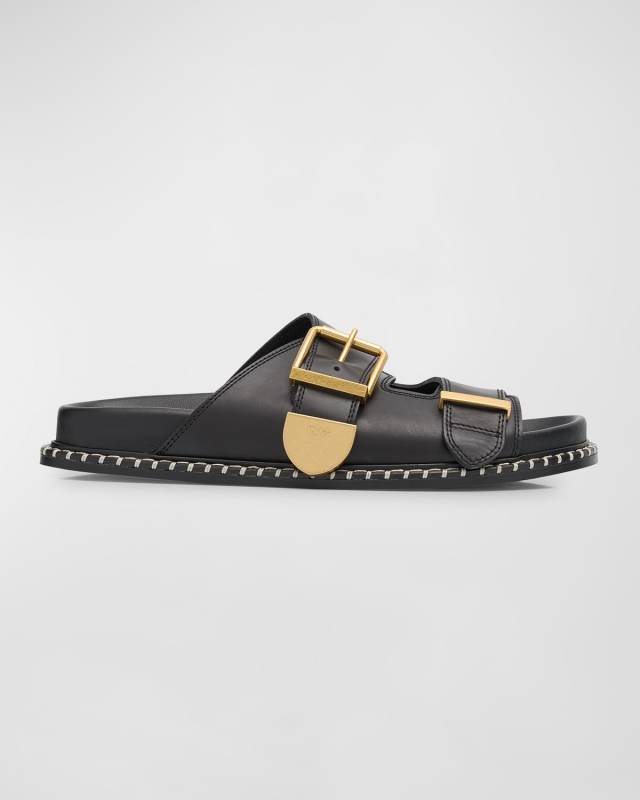 Rebecca Leather Dual Buckle Slide Sandals