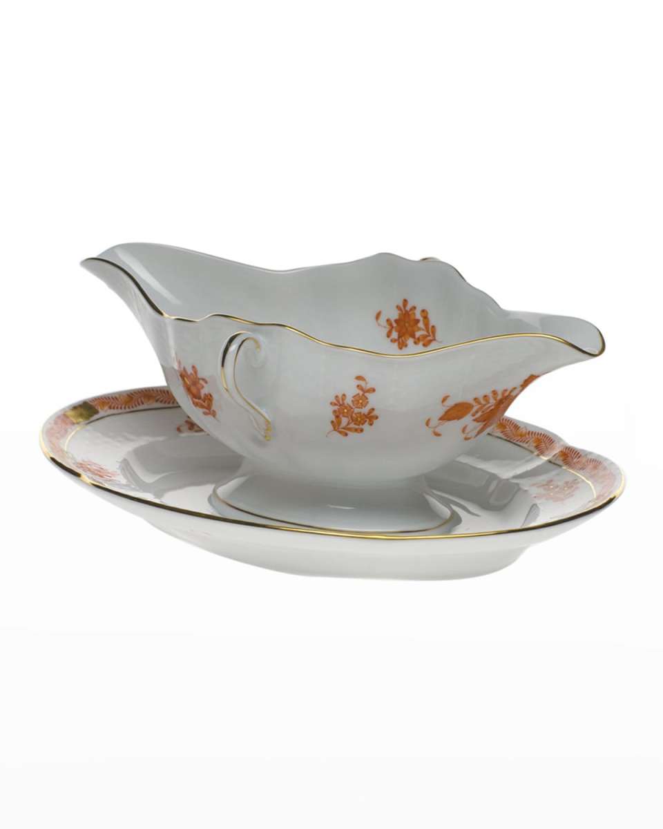 Chinese Bouquet Rust Gravy Boat with Fixed Stand