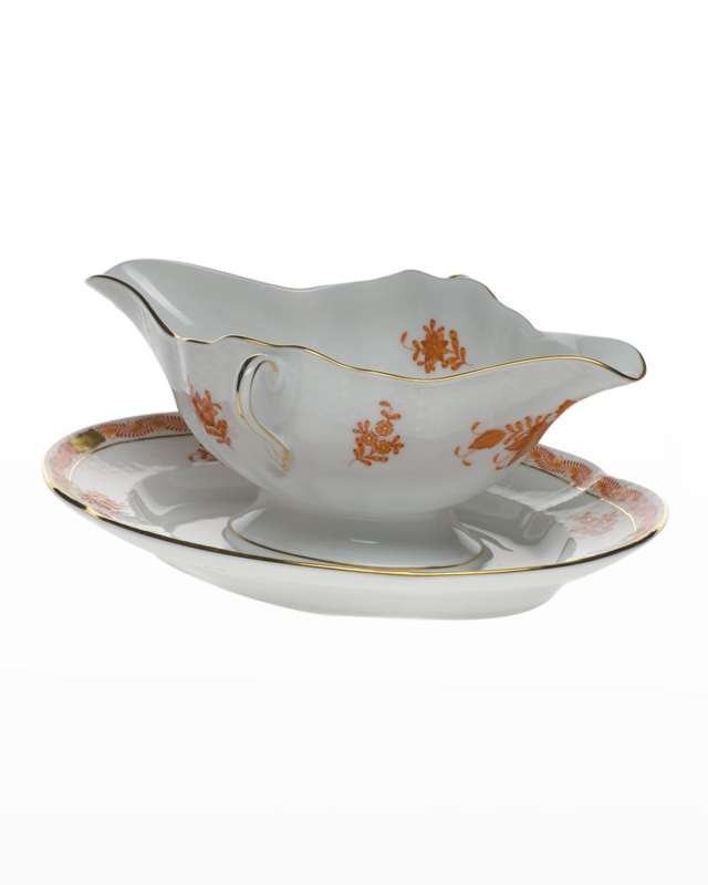Chinese Bouquet Rust Gravy Boat with Fixed Stand