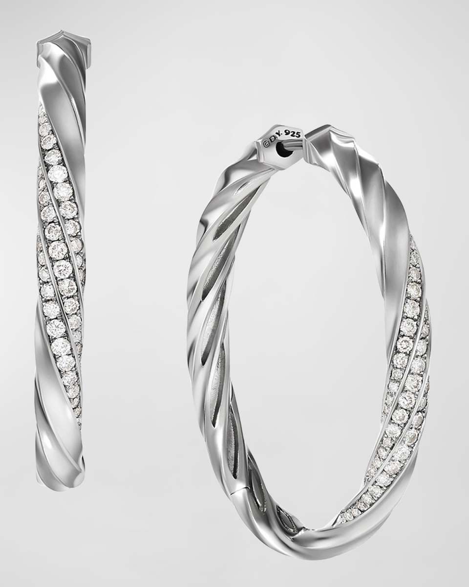 Cable Edge Hoop Earrings with Diamonds in Silver, 4mm, 1.5"L