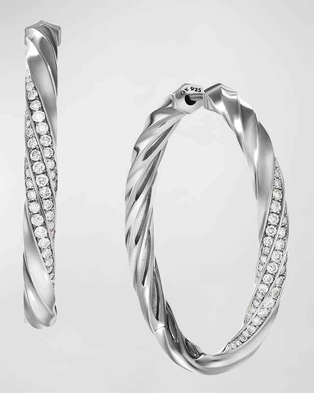 Cable Edge Hoop Earrings with Diamonds in Silver, 4mm, 1.5"L