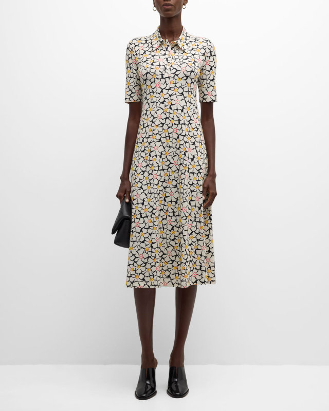 Geometric Floral Jersey Polo Midi Dress