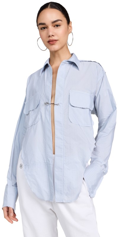 Sami Miro Vintage V Cut Safety Pin Blouse Blue Pinstripe