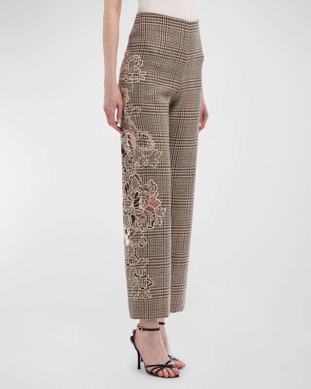 Prince Of Wales Flower-Cutout Straight-Leg Ankle Wool Pants