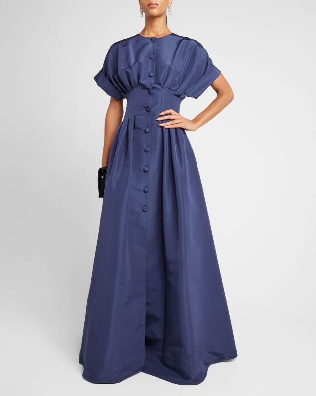 Corset-Waist Short-Sleeve Button-Front Gown
