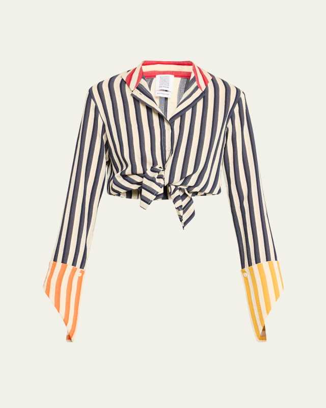 Stripe Colorblock French Cuff Button Up Blouse