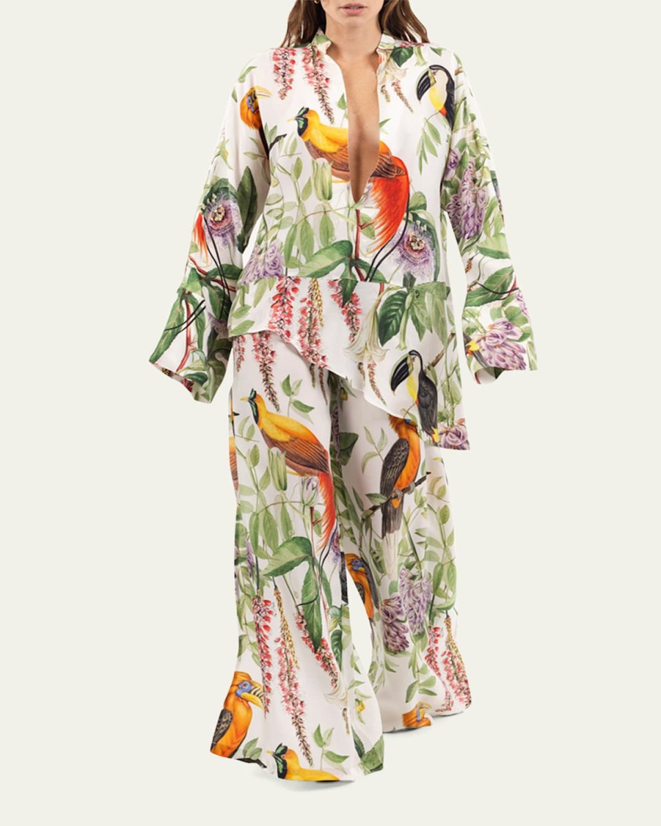 Hera Bird-Print Wide-Leg Vegan Silk Pants