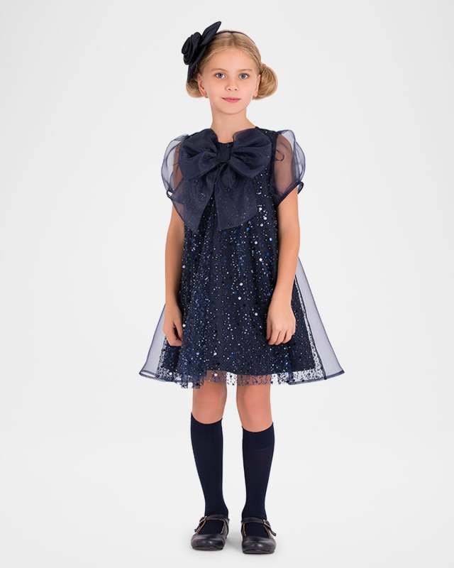 Girl's Beaded Organza Dress W/ Bow, Size 3T-12