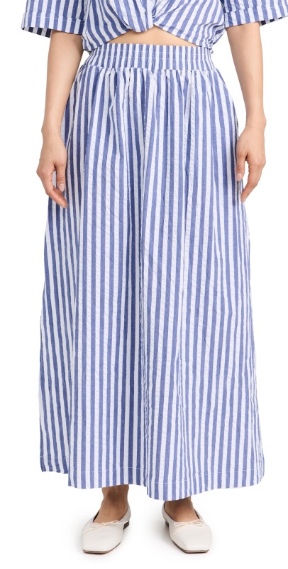 Stateside Puckered Stripe Double Slit Maxi Skirt Navy Stripe