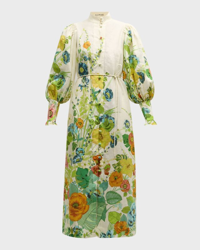 Constance Floral Linen Stand-Collar Midi Shirtdress
