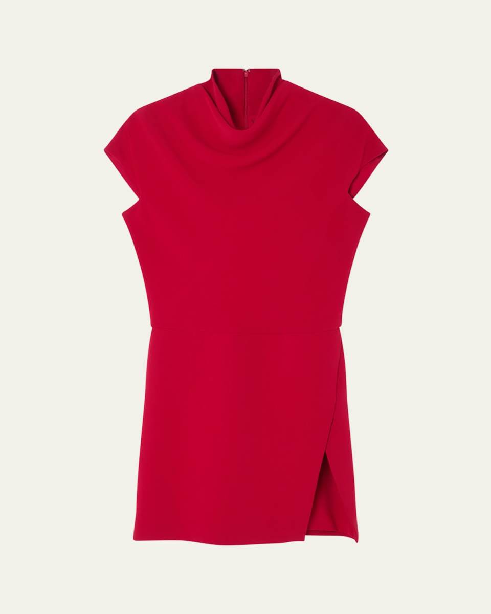 Turtleneck Cap-Sleeve Cady Slit Mini Dress