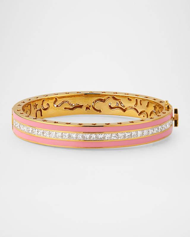 20K Yellow Gold Pink Enamel and Diamond Bangle Bracelet