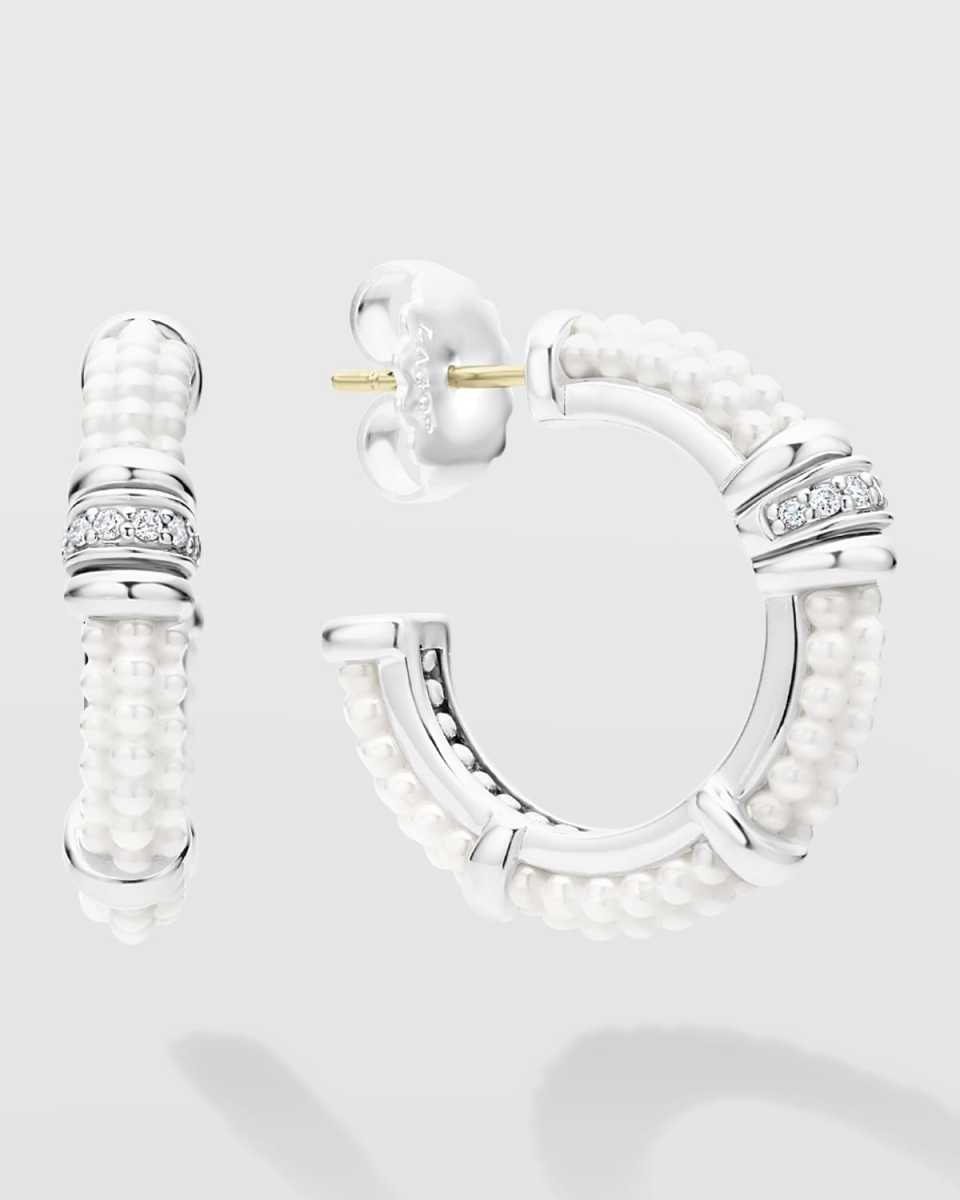 Sterling Silver White Caviar White Ceramic Diamond 1-Row Hoop Earrings, 23mm