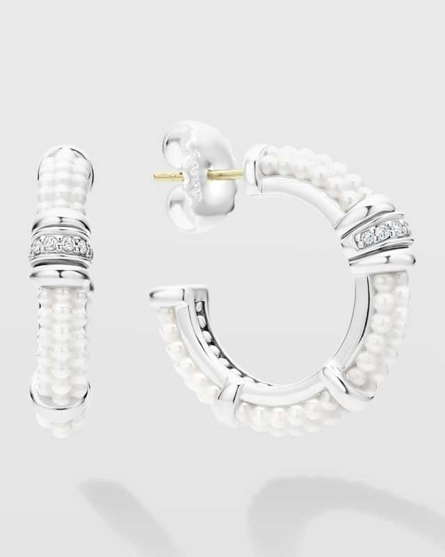 Sterling Silver White Caviar White Ceramic Diamond 1-Row Hoop Earrings, 23mm