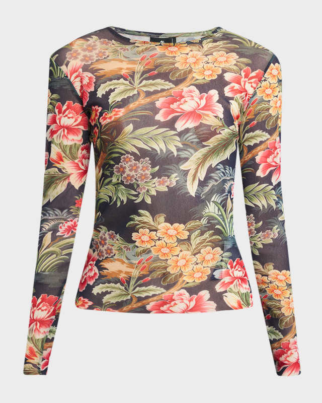 Floral Long-Sleeve Mesh Top