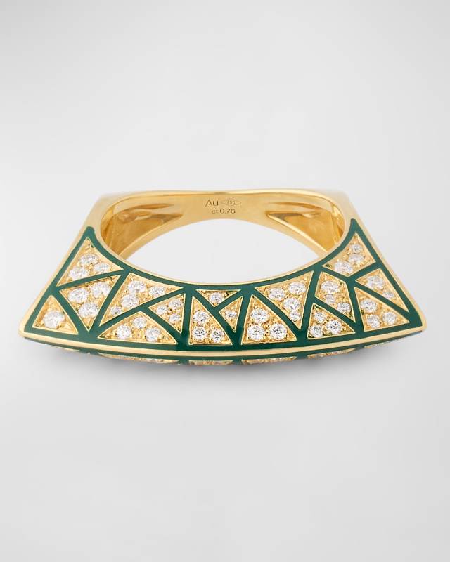 18K Yellow Gold White Diamond and Green Enamel Lotus Ring with Cross Pattern