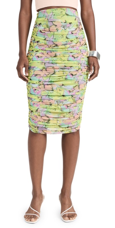 BruceGlen Printed Mesh Ruched Pencil Skirt Neon Floral