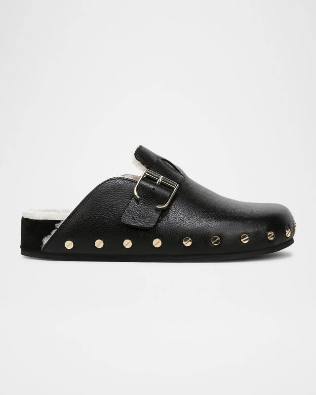 Fern Leather Shearling Rivets Clogs