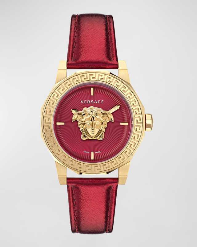 38mm Medusa Deco Watch with Leather Strap, Red