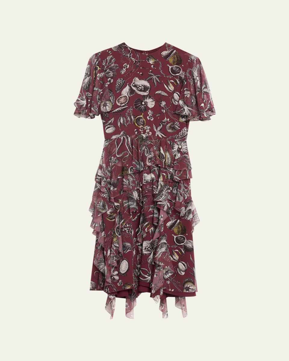 Marine Print Chiffon Day Dress with Ruffle Detail
