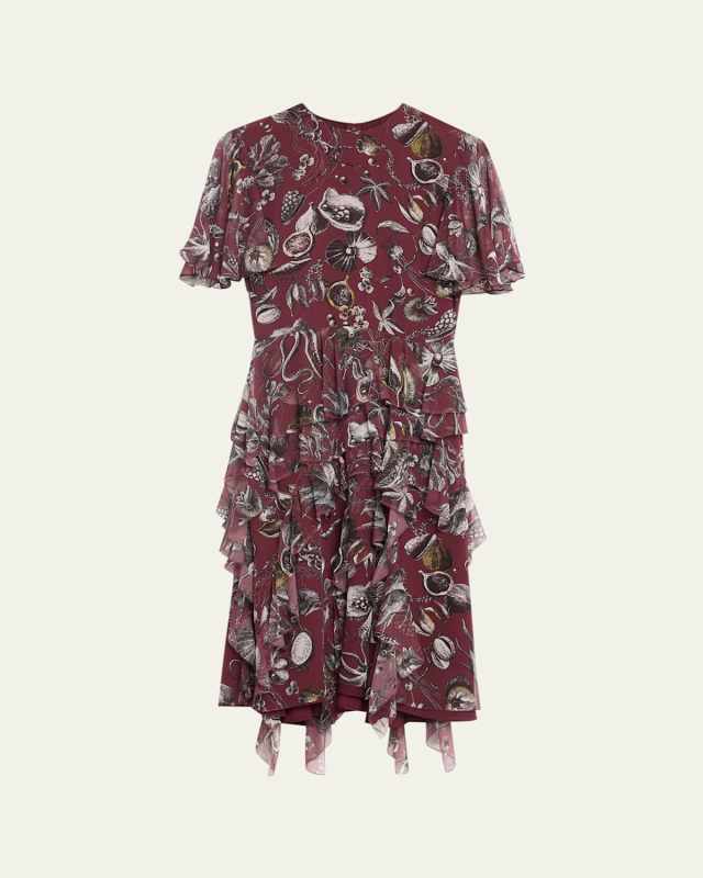 Marine Print Chiffon Day Dress with Ruffle Detail