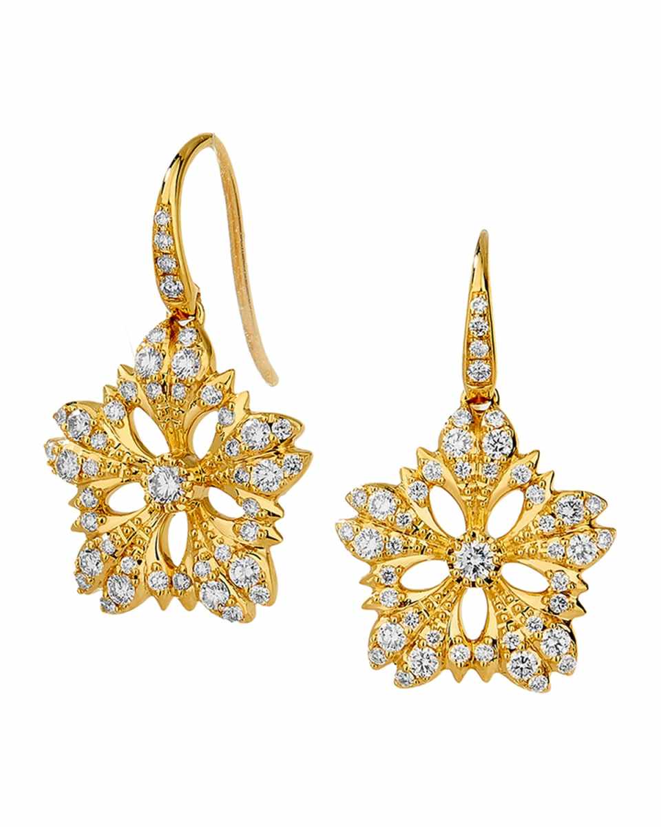 18K Yellow Gold Diamond Flower Drop Earrings