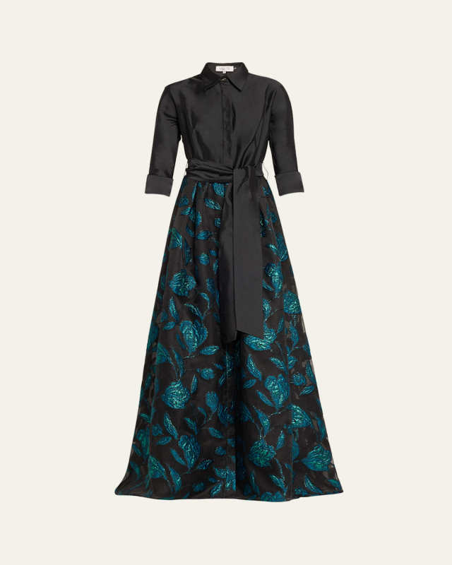 Metallic Floral Jacquard Taffeta Shirt Gown
