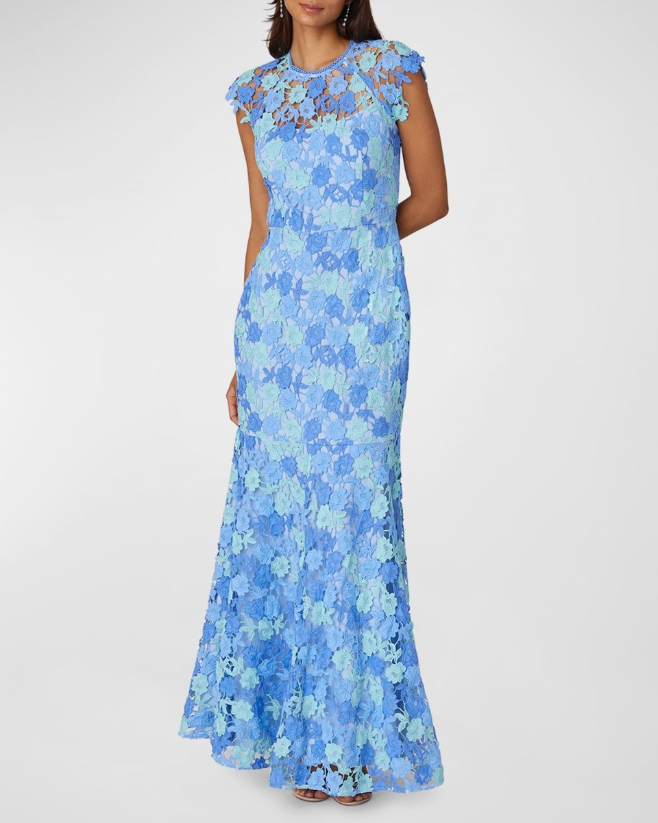 Cap-Sleeve Floral Lace Trumpet Gown