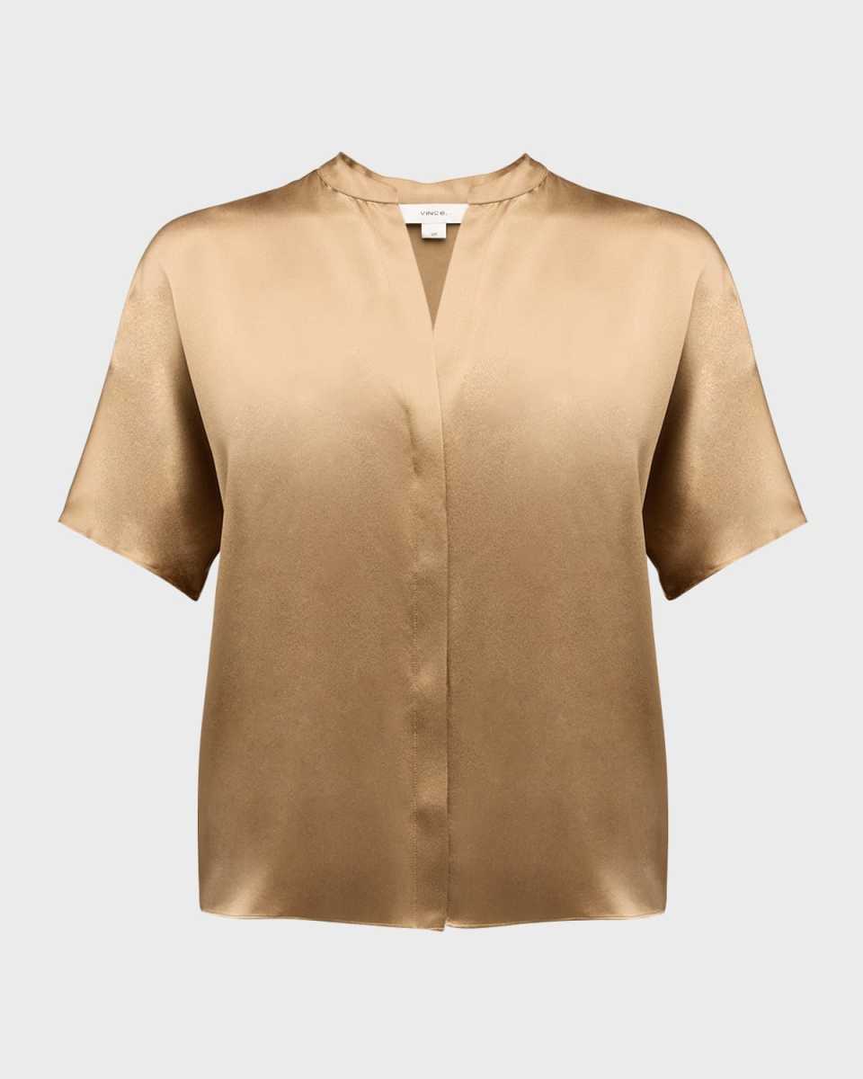 Short-Sleeve Dolman Button-Front Silk Blous