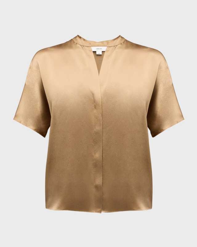 Short-Sleeve Dolman Button-Front Silk Blous