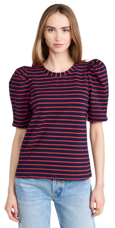 English Factory Stripe Puff Short Sleeve Top Navy/Red