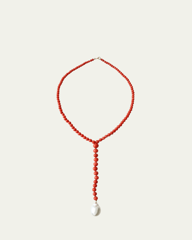 One Of A Kind Coral Bead and Pearl Necklace, 19"L