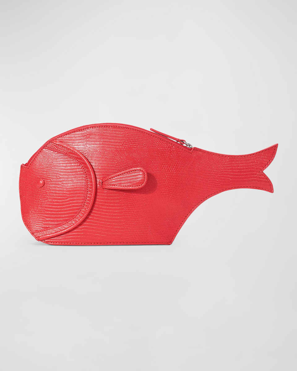 Fish Lizard-Embossed Leather Clutch Bag