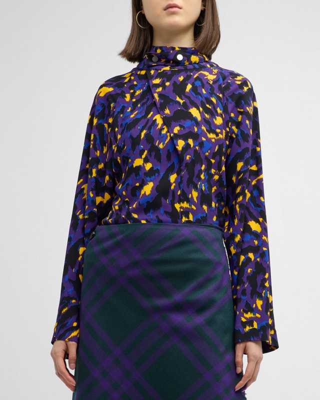 Abstract-Print Long-Sleeve Silk Top