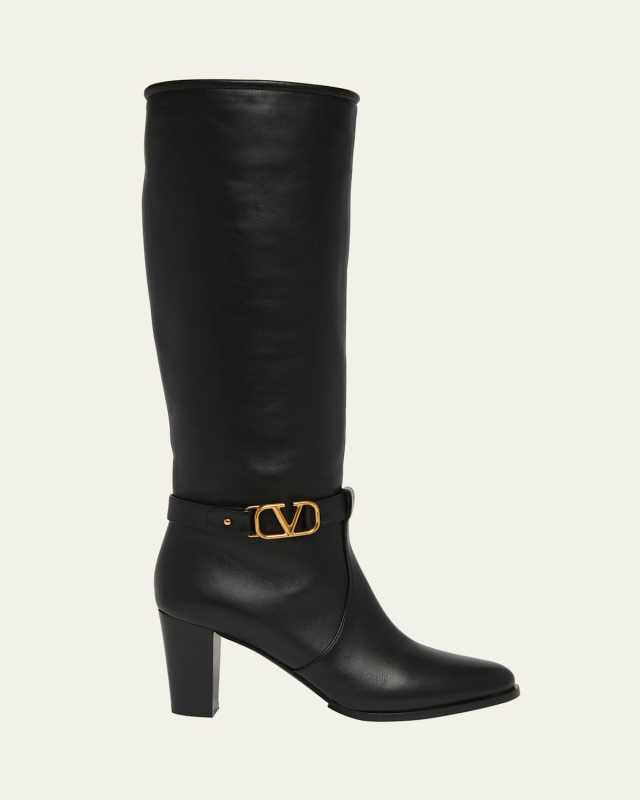 VLogo Leather Buckle Knee Boots