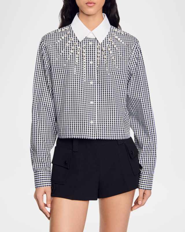 Rockfall Embellished Small-Check Cropped Shirt