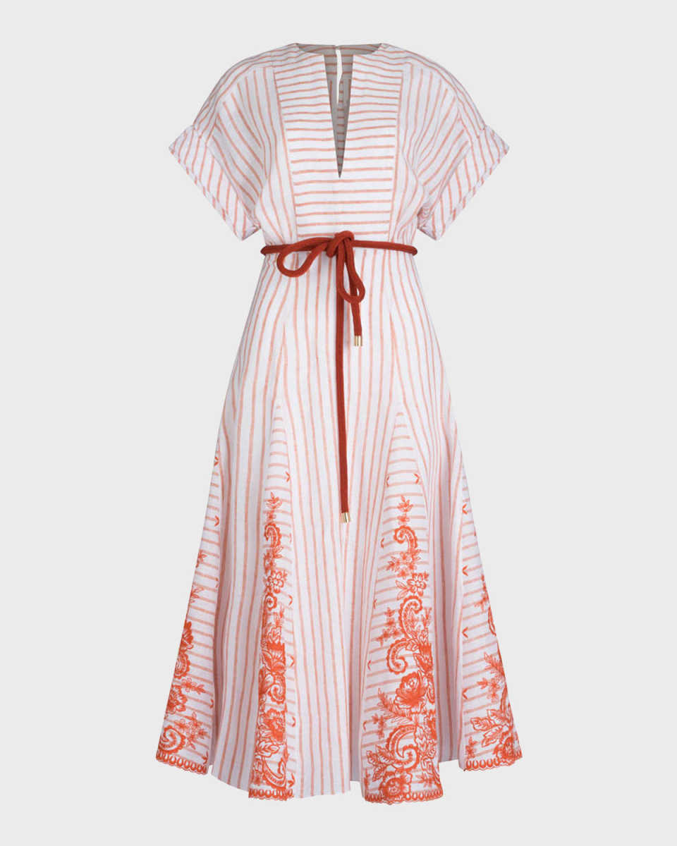 Casandra Floral-Embroidered Godet Belted Midi Dress