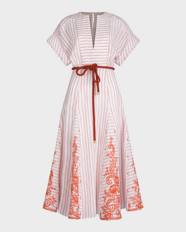 Casandra Floral-Embroidered Godet Belted Midi Dress