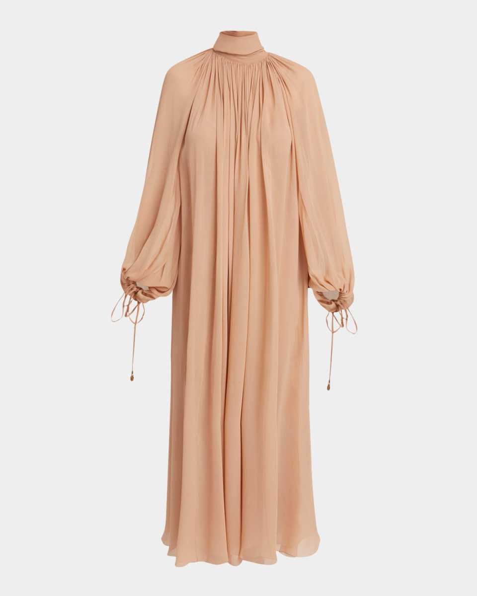 High-Neck Tie Long-Sleeve Silk Gown