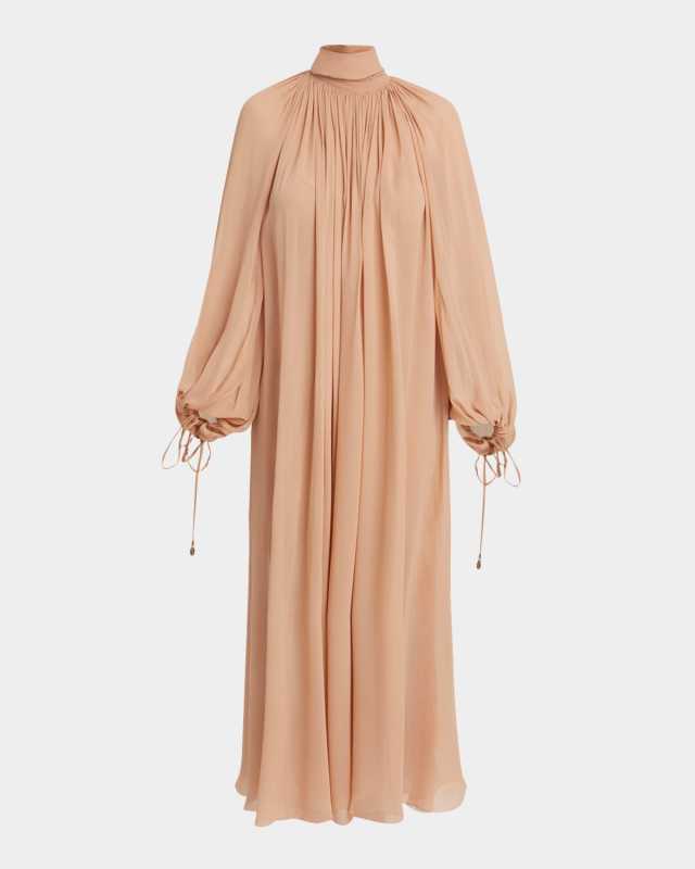 High-Neck Tie Long-Sleeve Silk Gown