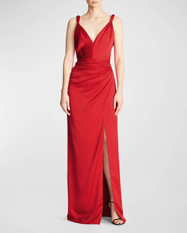 Yvette Twisted-Strap Satin Slit Gown