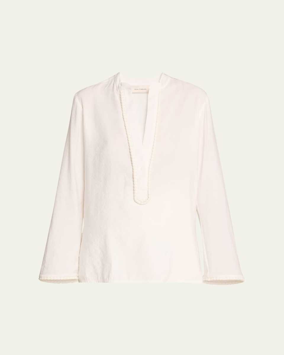 Shera Piped Split V-Neck Long-Sleeve Blouse