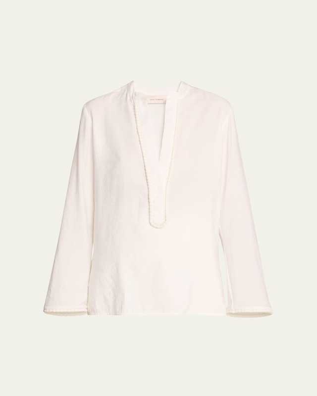 Shera Piped Split V-Neck Long-Sleeve Blouse